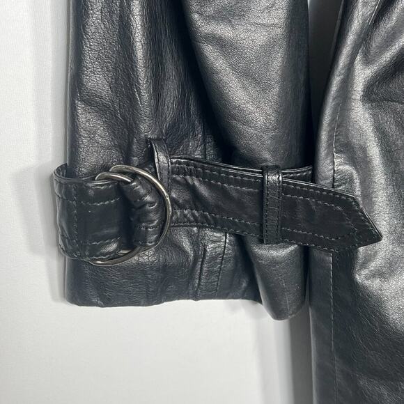 Vintage 90s Saxony Black Leather Oversized Belted Mid Trench Coat Jacket Women - Picture 12 of 16